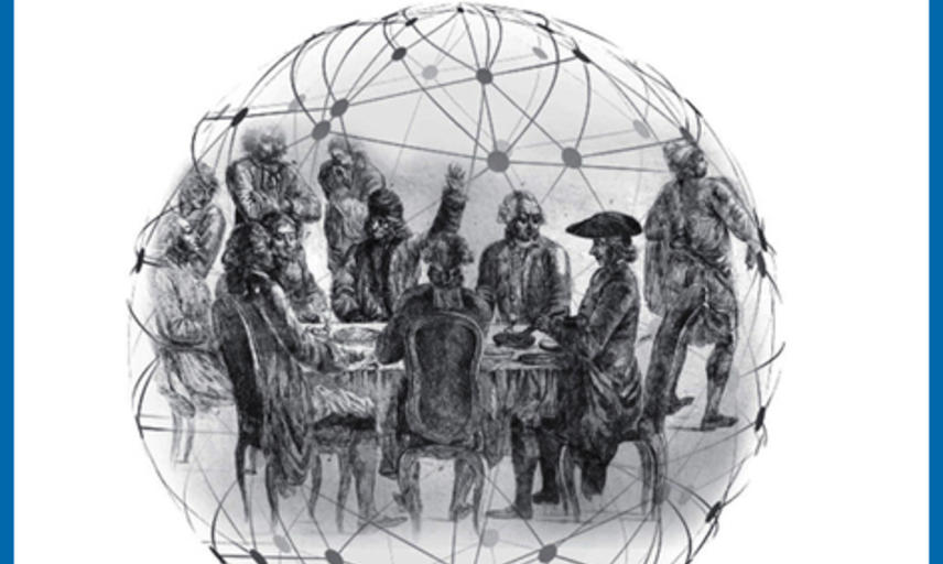 A group of Enlightenment-era scholars sit in a digital cloud symbolising the Digital Voltaire project.