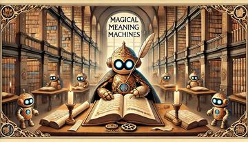 AI generated image for the event Magical Meaning Machines, showing robots in a library